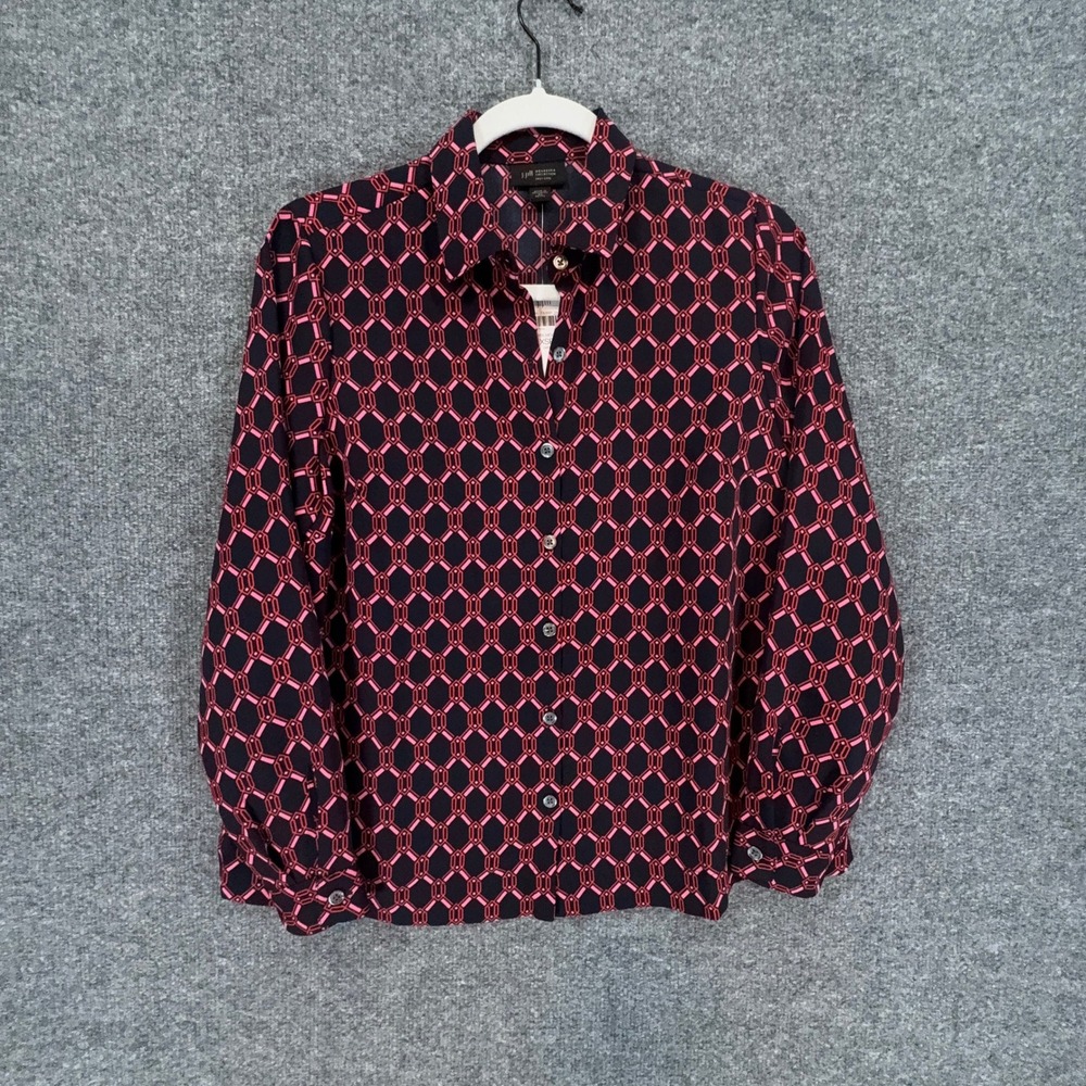 J. Jill Blouse Women XS Blue Pink Geometric Wearever Petite Button Up Blouse NEW